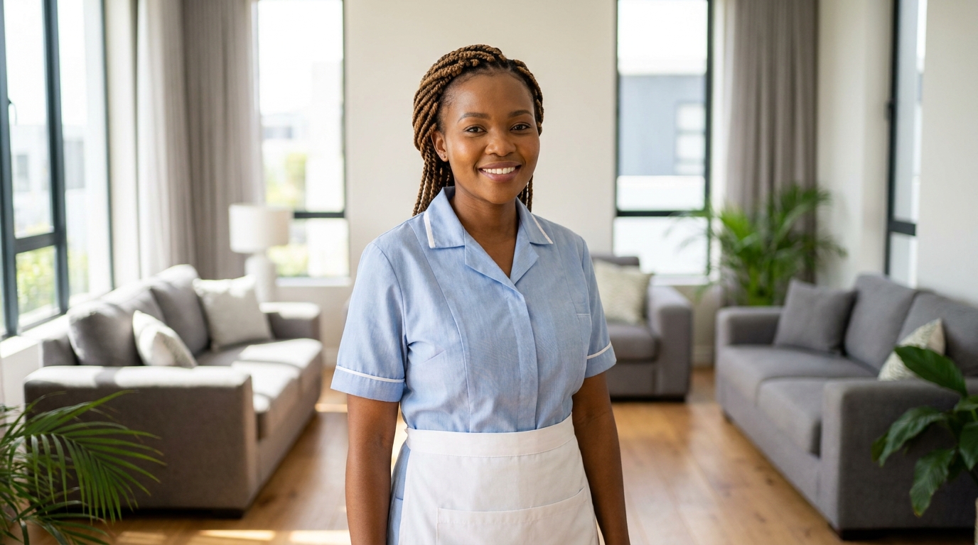 Happy family at home with a housekeeper